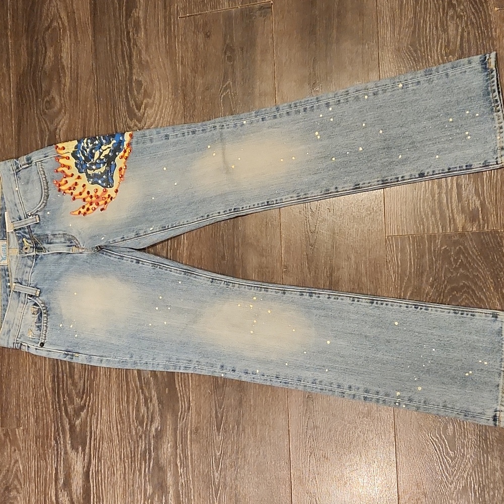 ❤️ YANK VINTAGE Y2K FLAMING ROSE RHINESTONE EMBELLISHED STRAIGHT LEG JEANS - Picture 6 of 16